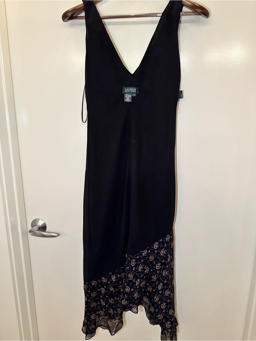Ralph Lauren Black V-Neck High-Low Slip Dress with Floral Hem